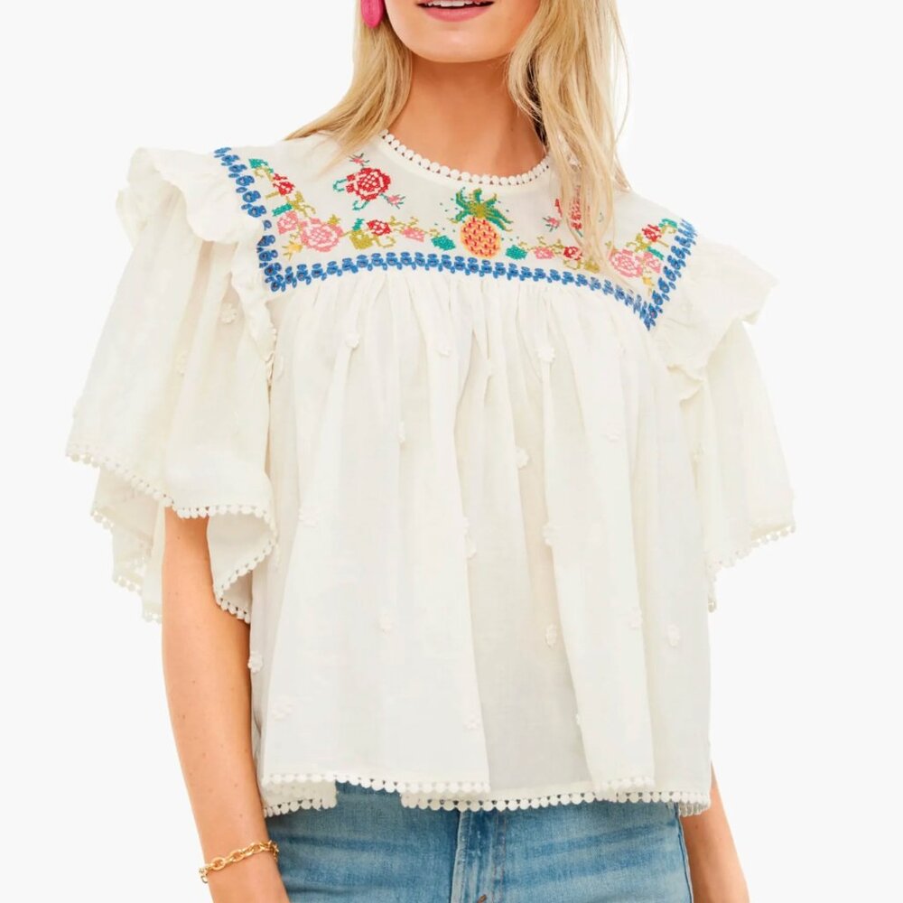 New Farm Rio Cross Stitch Embroidered Ruffle Cream Off White Top Blouse XL